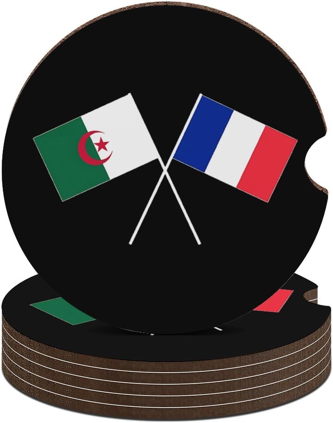 Algerian French Friendship Flag Cute Car Coasters 2.56 Inch Absorbent Cup Holder for Drinks Auto Interior Accessories