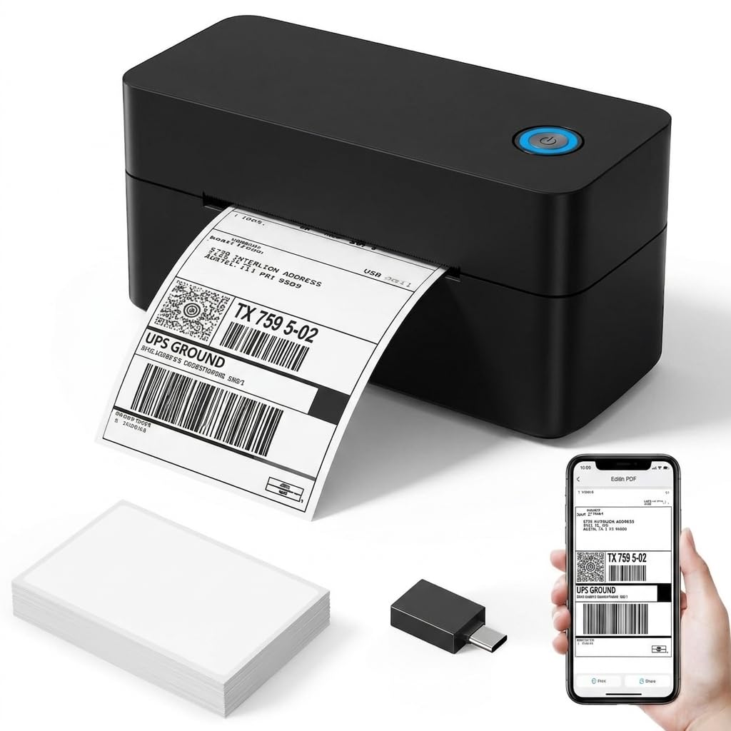 Stampante Etichette Termica 4x6 Nera – Bluetooth e USB, Senza Inchiostro – Include Chiavetta USB Driver – Per Magazzino e Spedizioni