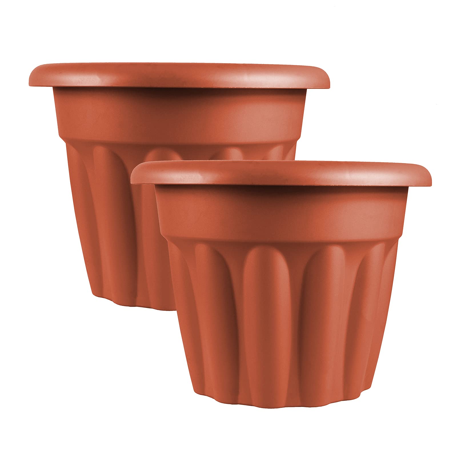 CrazyGadget 2 x Large Planter Round Plastic Garden Flower Plant Herb Pot Contemporary Design Style - Indoor and Outdoor (Terracotta (Brown), 33cm)