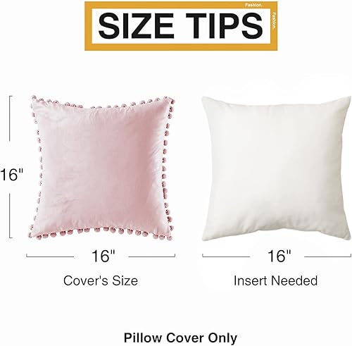 Miniatura 5 de Top Finel juego de 2 fundas de almohada decorativas con pompones, de terciopelo suave, lisas, para el sofá y la cama, 16 x 16 pulgadas, rosado