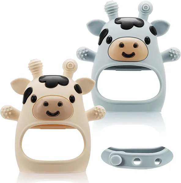 TOHIBEE 2 Packs Baby Teething Toys for 0-6 6-12 Months, Food Grade Silicone Adjustable Cow Teething Mitten, Chew Teether Toys for Teething Pain Relief, Baby and New Born Essentials, Blue & White