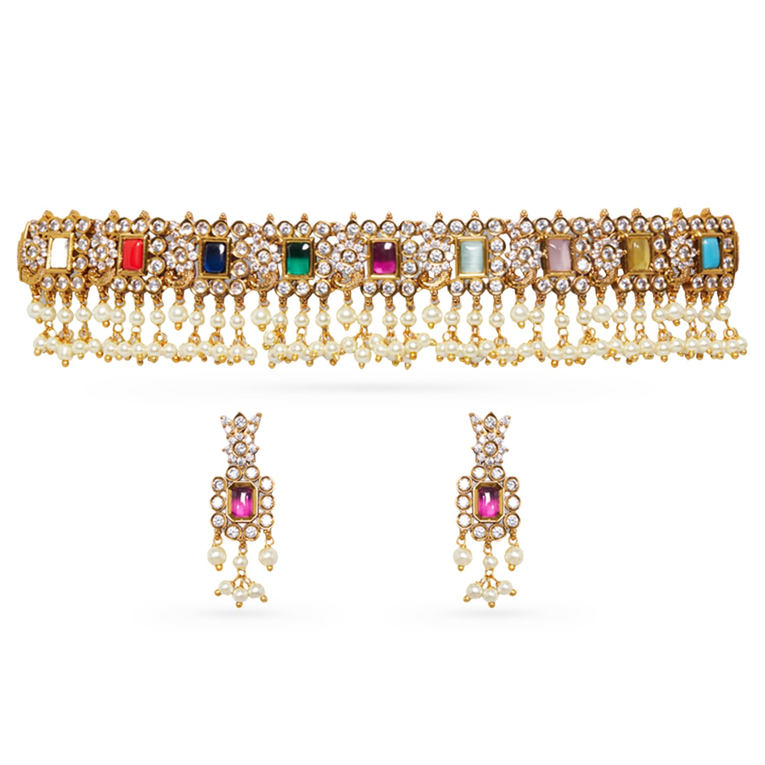 rubans Gold Plated Choker Set With Multicolour Stones And White Beads.-picture-23
