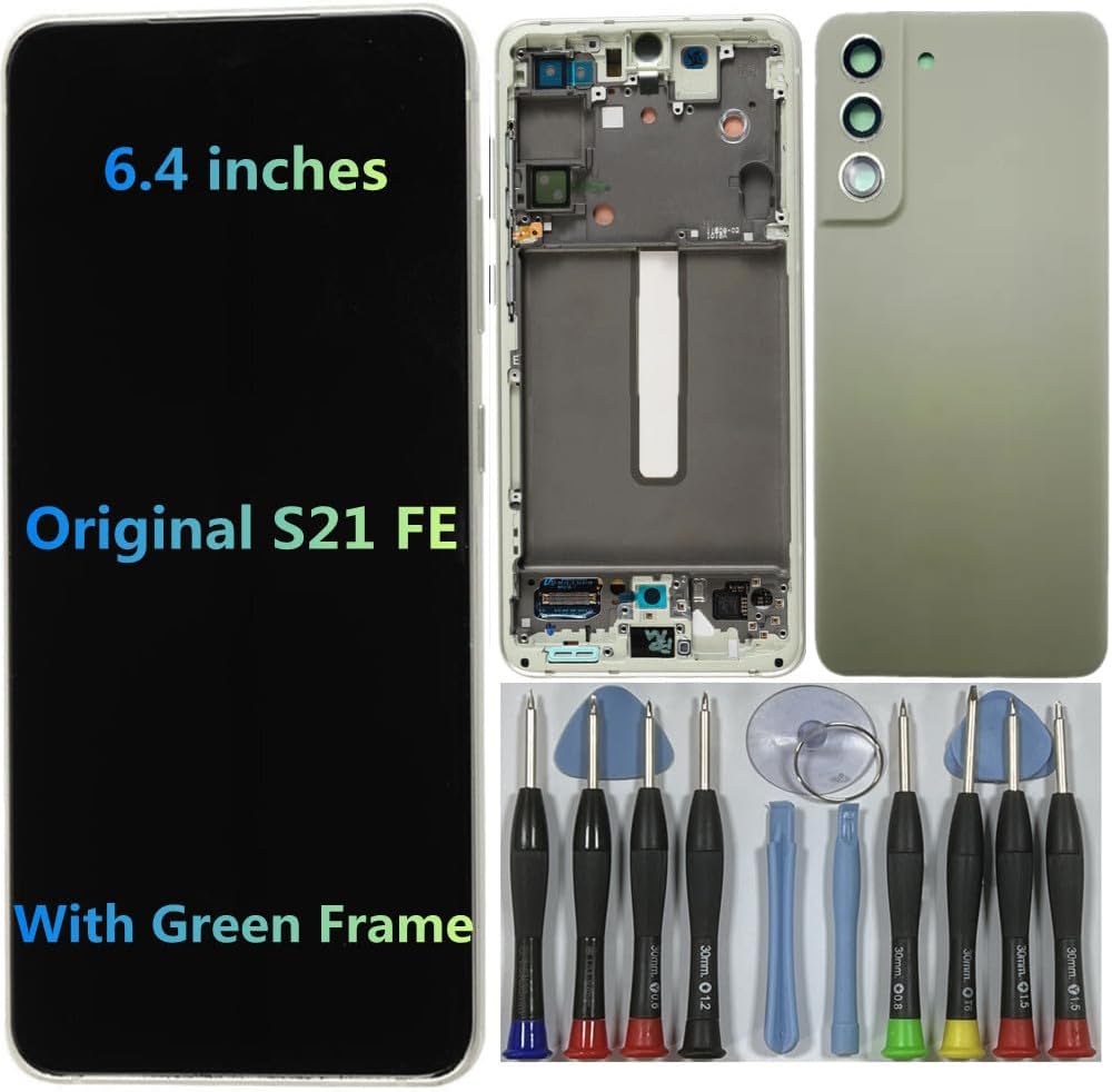 6.4" AMOLED Original for Samsung Galaxy S21 FE Display Touch Screen Digitizer Assembly S21 fe 5G G990U G990U1 G990W G990B G990B/DS LCD Screen Replacement (with Lavender Frame+Back Cover+Tools)