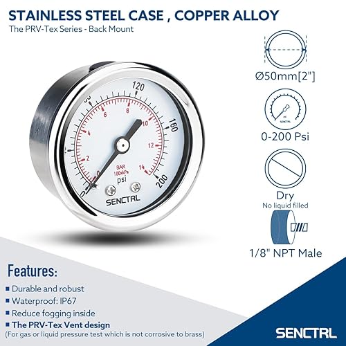 Miniatura 2 de SENCTRL Medidor de presión de 0-200 psi, tamaño de dial de 2", montaje trasero 18 NPT, impermeable, caja de acero inoxidable, para regulador