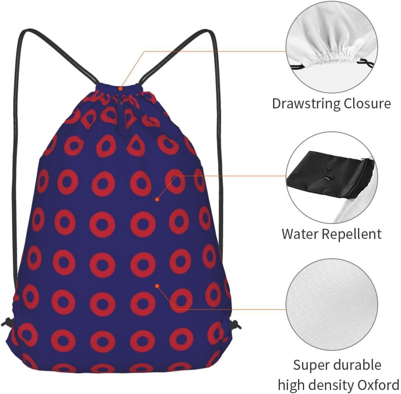 Phish Red Donut Circles On Blue Drawstring Backpack String Bag Sport Gym Sackpack Waterproof Lightweight Beach Bag for Women Men