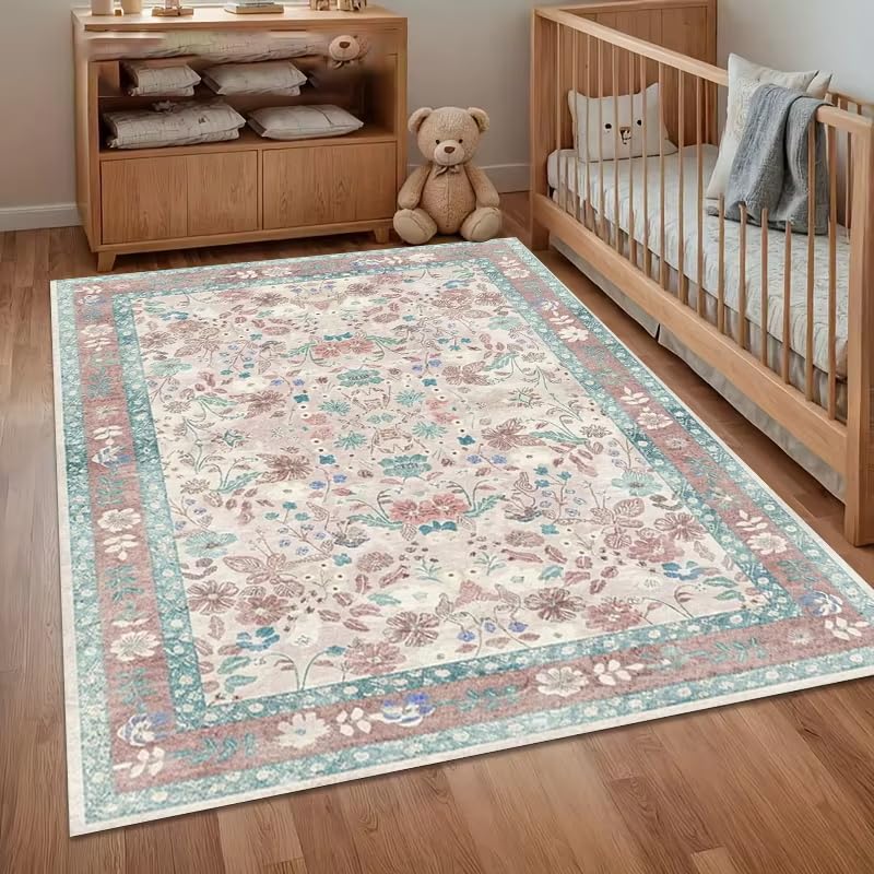 Alfombra antideslizante lavable con diseño floral vintage duradera 90x120