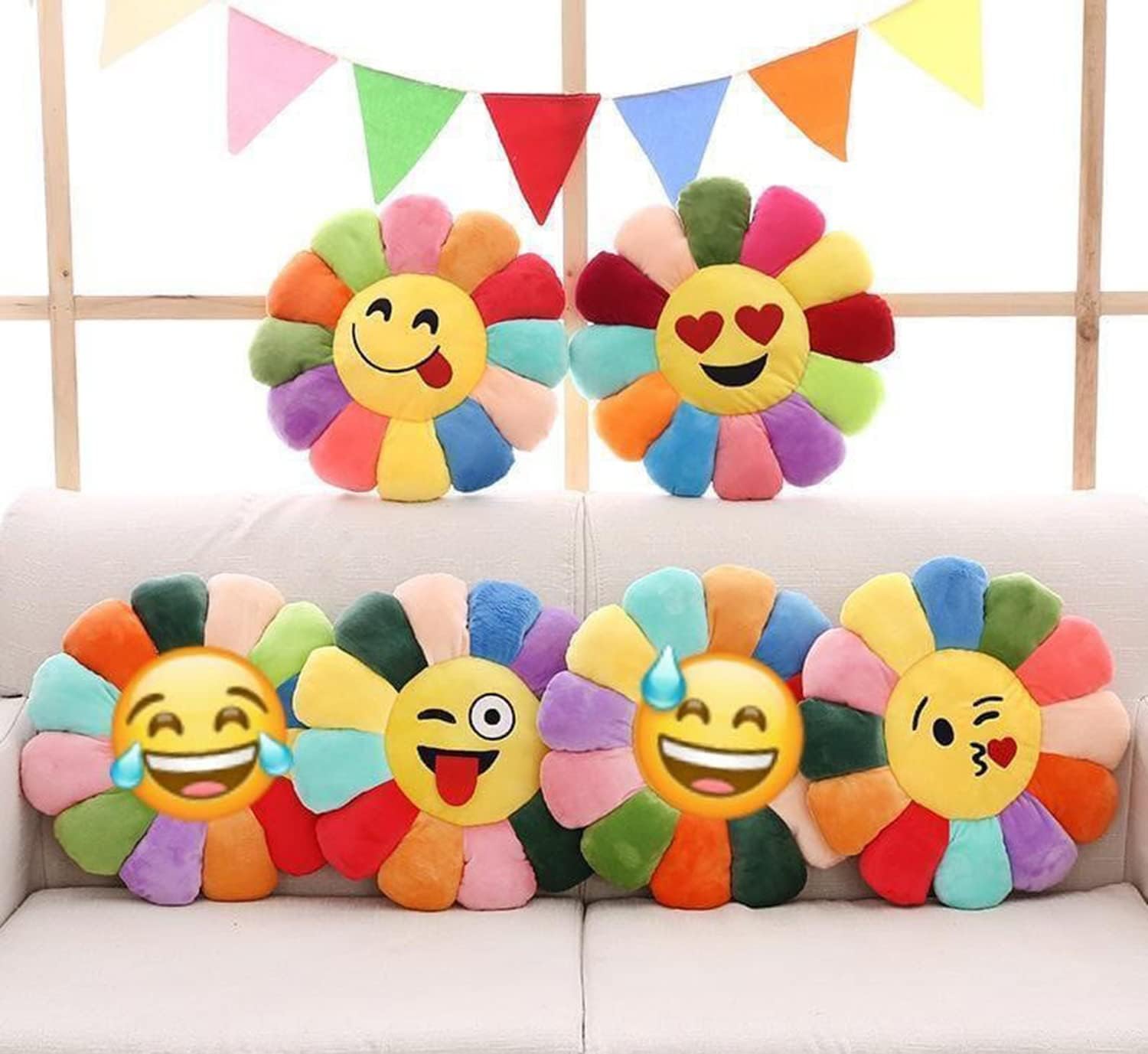 Nisha Enterprises Velvet Sunflower Smiley Cushion for Home // Office // Living Room // Bedroom_Color : Multi_(Set of 3)
