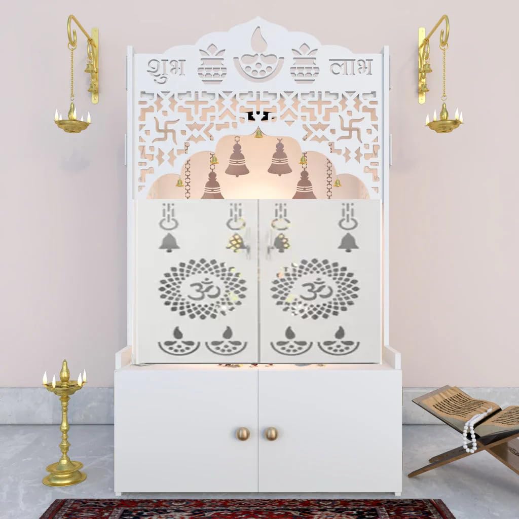 OM Wooden Floor Temple with Door & Spacious Shelf & Inbuilt Focus Light (Size-18D*22.5W*38H inch)