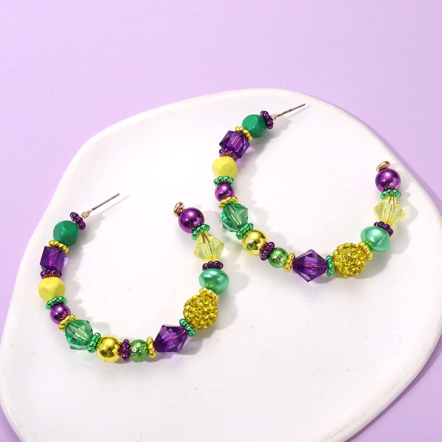 Mardi Gras Beaded Earrings for Women Green Purple Gold Beads Hoop Earrings Fat Tuesday Carnival Statement Earrings Holiday Party Jewelry Gift - Image 4