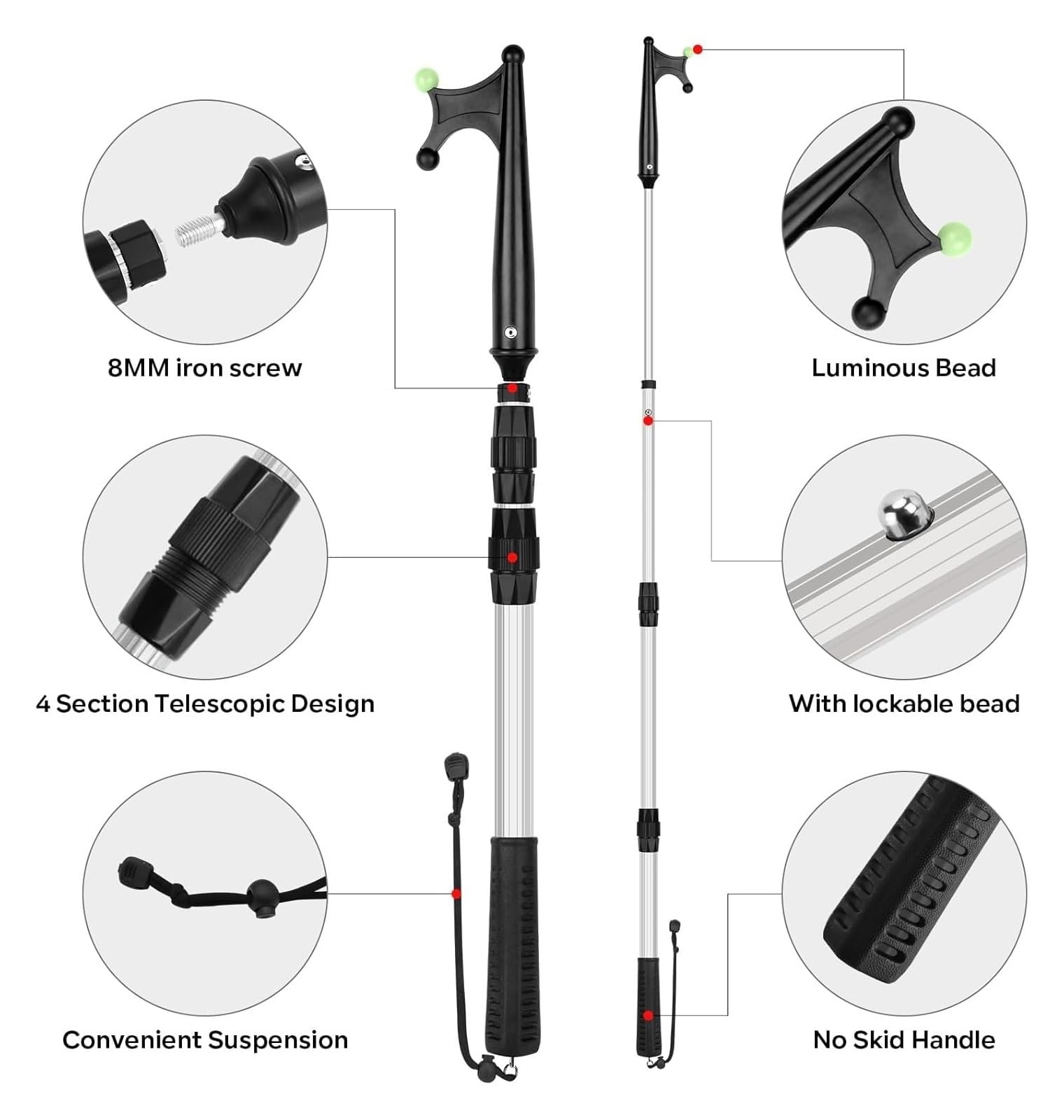 Ganci telescopici per Barche Ganci for Barche for attracco, prolunga for Asta telescopica con Perlina Luminosa, Galleggiante Leggero, Gomma Antiscivolo