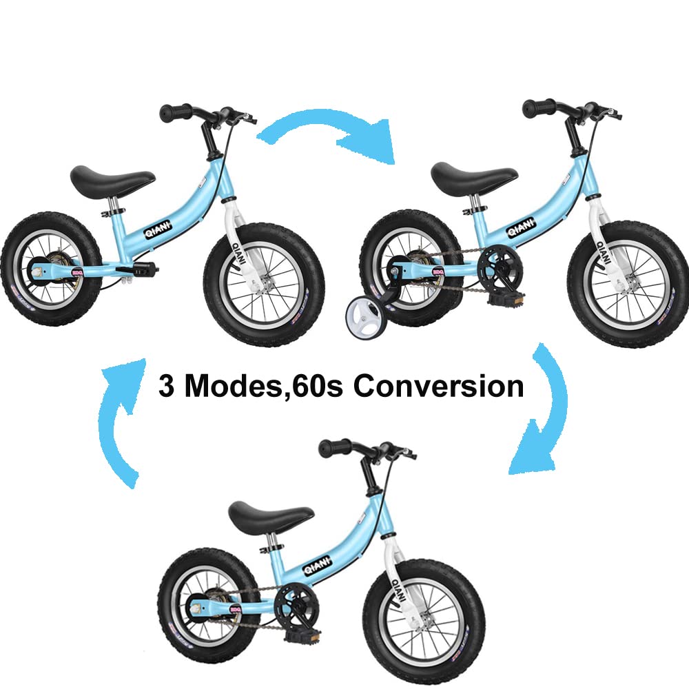 Qiani Bici Senza Pedali e biciclette bambini 2 in 1,per 2 a 7 Anni Bambini,con Freno,rimovibile pedali e Ruote Ausiliarie,12 14 16 pollici,Rosso Blu Rosa
