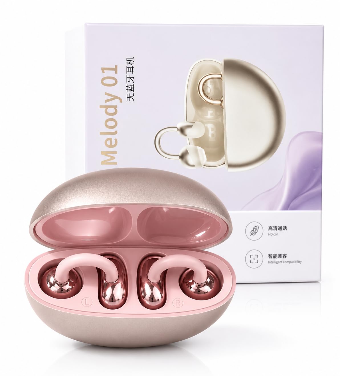 Melody 01 Wireless Bluetooth Earbuds, Open-Ear Clip-on Design, HD Call, Intelligent Compatibility, Rose Gold, with Charging Case-image-4