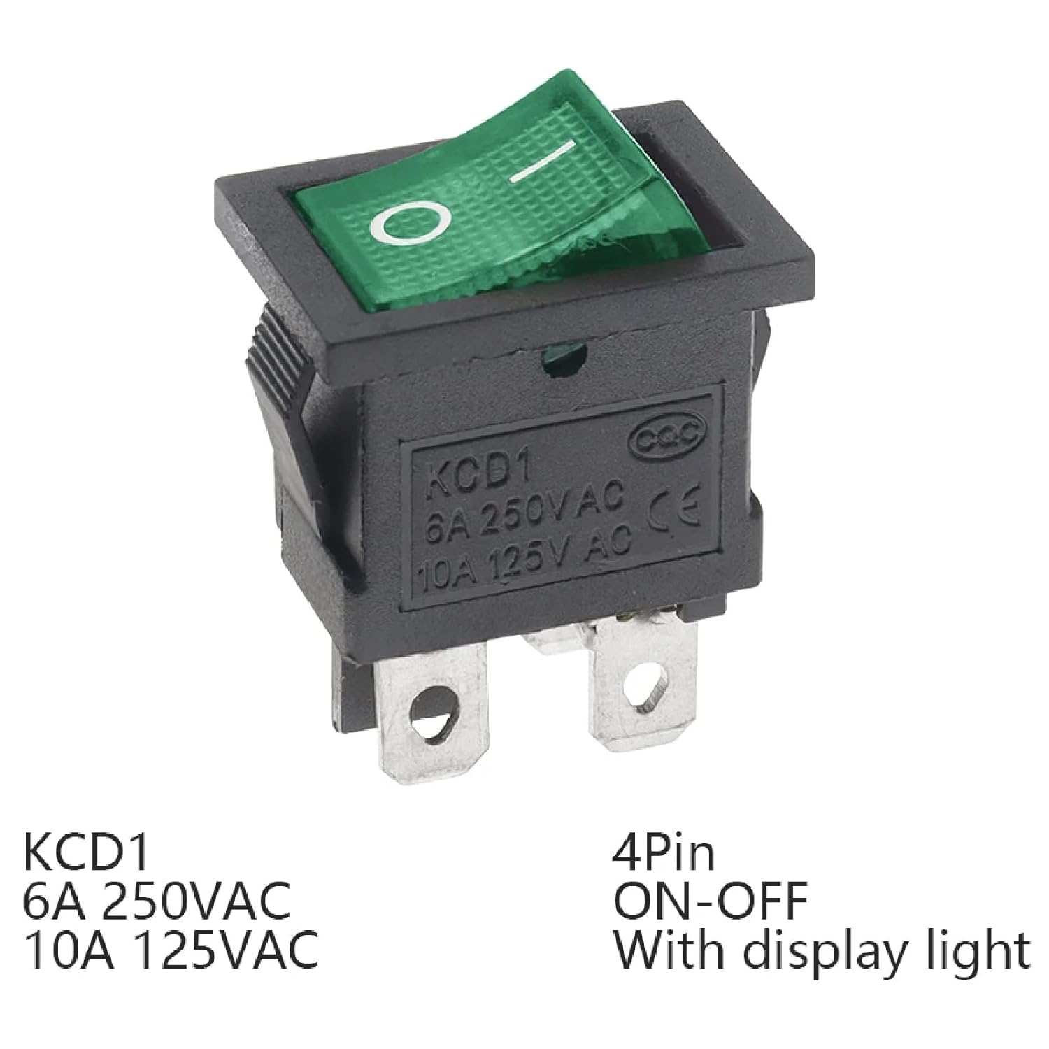KCD1 Rocker Switch with LED Indicator, 4 Pin On-Off Switch, 6A 250V 10A 125V AC, 21x15mm, Red Green Black Light, Copper Material (Green)