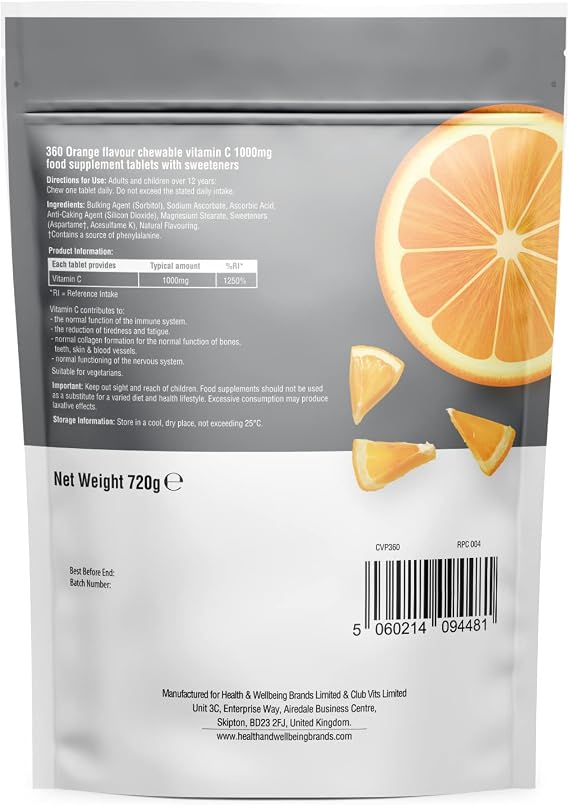 Vitamin C 1000mg Chewable - 360 Tablets - Supports Immune Health and Helps Fight Colds - Helps Reduce Tiredness and Fatigue