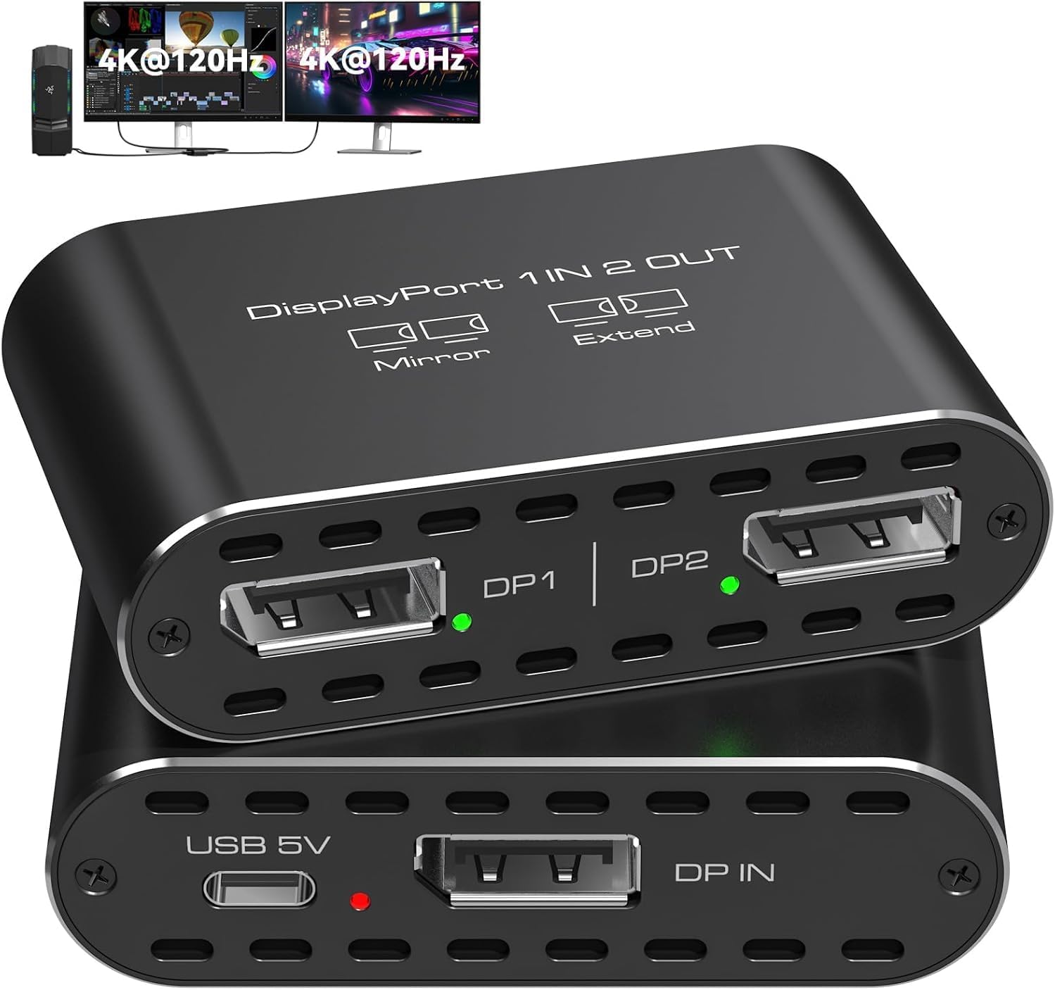 4K120Hz Dual DisplayPort Splitter for 2 Monitors Extended Display Port to Dual DP Splitter 1 in 2 Out Adapter for Laptop, Computer, PC and Graphics Card