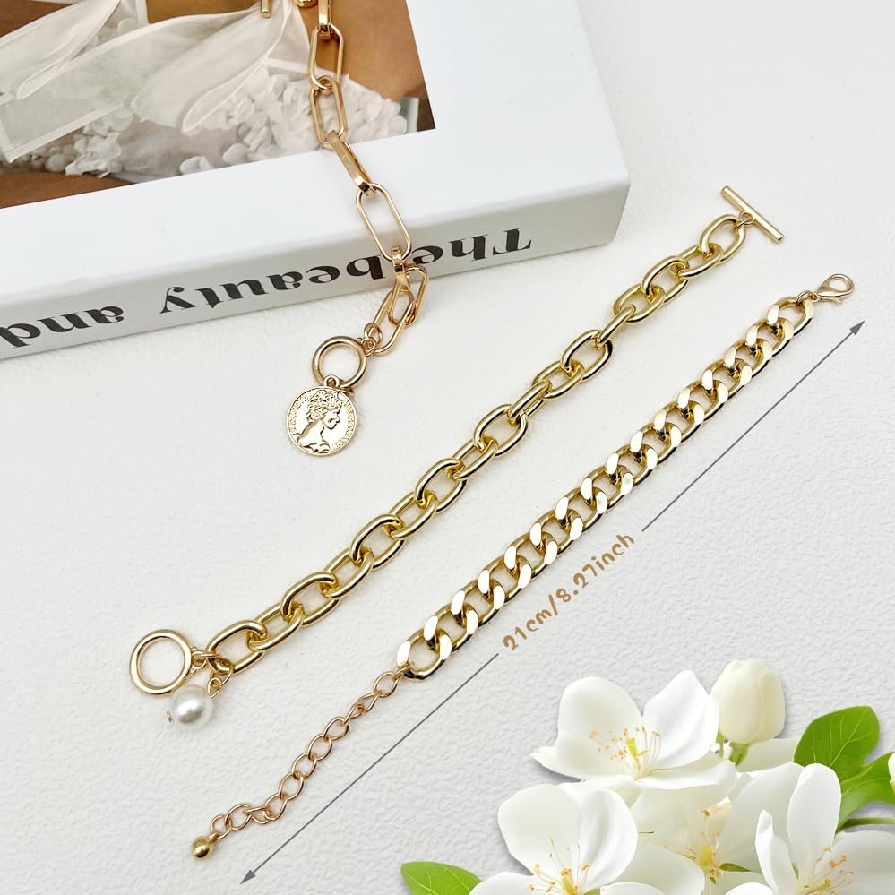 Gold Chunky Chain Bracelet for Women Charm Boho Bracelet for Women Flat Cable Chunky Chain Bangle Set of 4 - Image 6