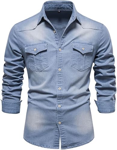 Men's Distressed Denim Shirt - Washed Casual Button Down Long Sleeve Shirt Regular Fit