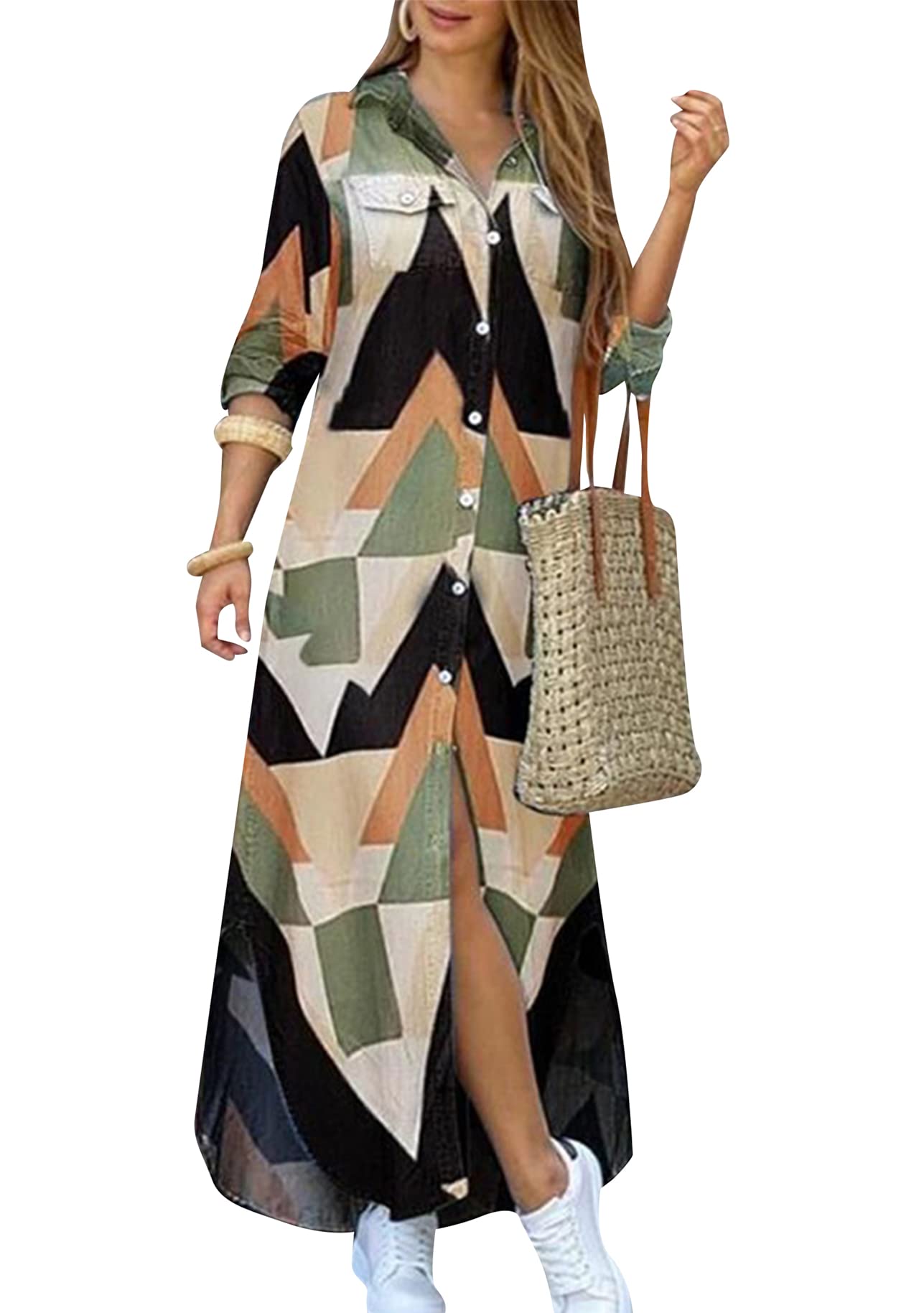 DIACACY Women's Casual Lapel Collar Floral Print Maxi Dresses Side Slit Long Sleeves Loose Slim Shirt Dresses