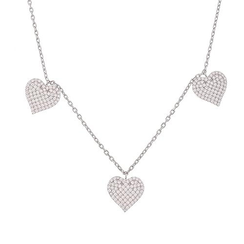 La Glitz 92.5 Pure Silver Heart Charms Necklace/Zirconia stones and Platinum Finish BIS Hallmarked