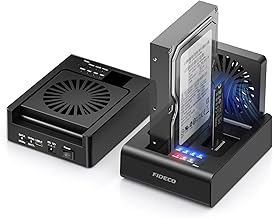 FIDECO Festplatten HDD Docking Station, USB C 10Gbps M.2 NVMe SSD/5Gbps SATA HDD mit Bidirektionaler Offline-Klon, SSD Festplatten Lesegerät mit klappbarem Lüfter