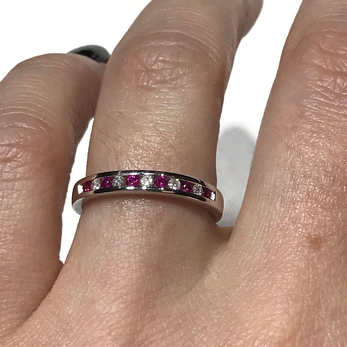 Solid 14k White Gold 0.35 ctw Natural Pink Sapphire and Diamond Channel Set Wedding Band Ring for Women 3 mm - Handmade in USA - September Birthstone