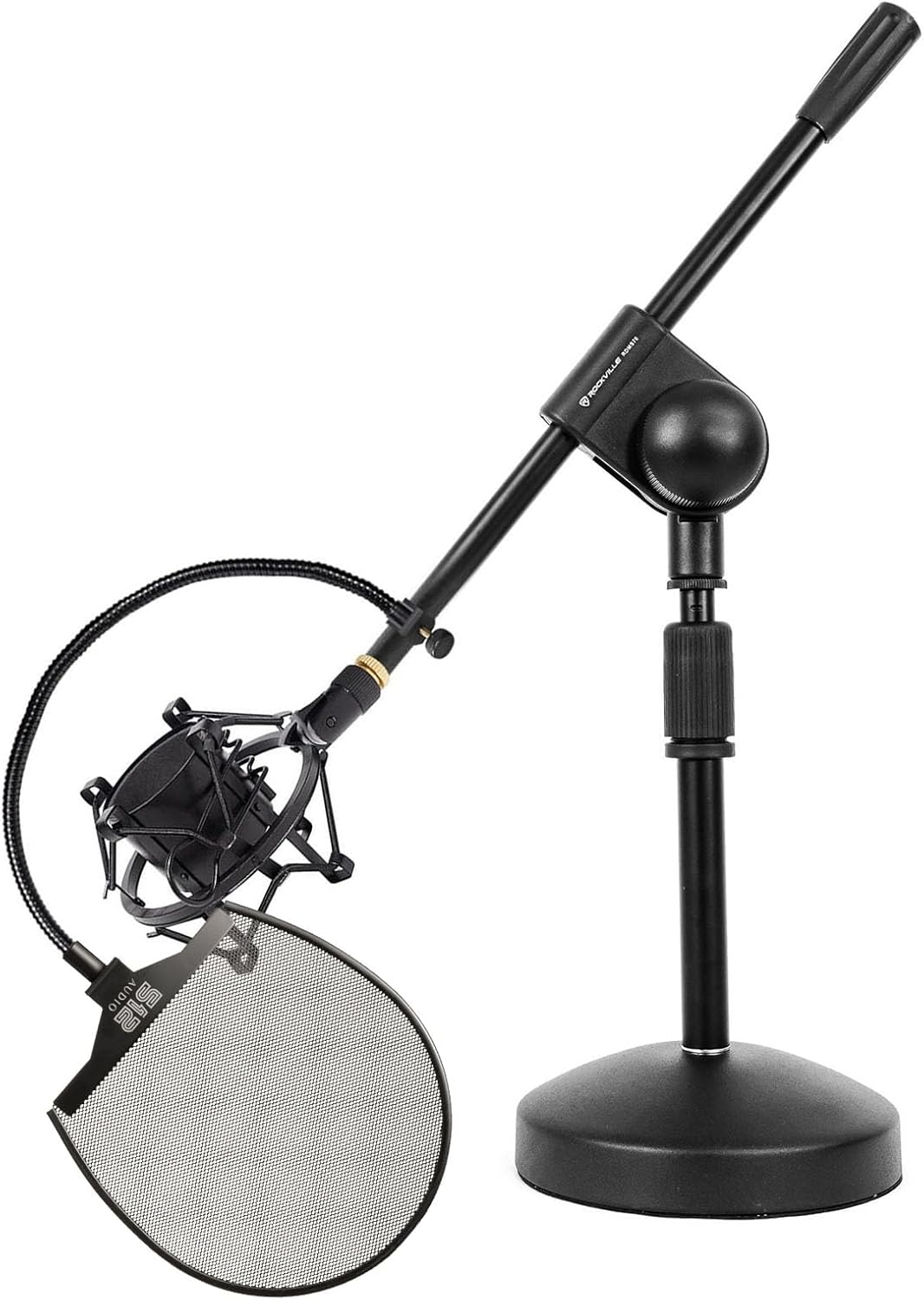 Rockville Audiosavings Bundle RDMS70 Desktop Mic Stand Bundle with 512 Audio Warm Audio 512-POP Metal Pop Filter RockShock Black Studio Condenser Microphone Metal Shock Mount (3 Items)
