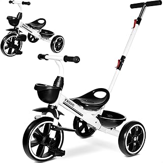 KRIDDO 2-in-1 Toddler Tricycle for Ages 18 Months to 5 Years Old - Extended Push Handle for Effortless Push, Gift Trike for Toddler 3 to 5 Year, Kids Tricycle with Foldable Front Footrest, White