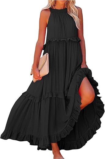 Smocked Dress Women Summer Sleeveless Tank Sundress Halter Tie Back Loose Flowy Ruffle Maxi Dresses with Pockets