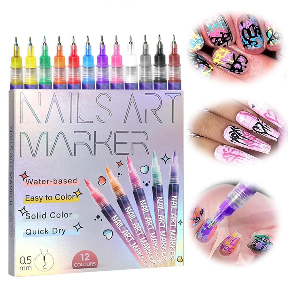 Azonee Fine Tips 3D Nail Art Pens, 12 Colors 0.5 MM Nail Polish Pens for DIY Nail Art, Graffiti, Dotting, Drawing & Painting, Quick Dry Nail Art Liner Brush for Home & Salon