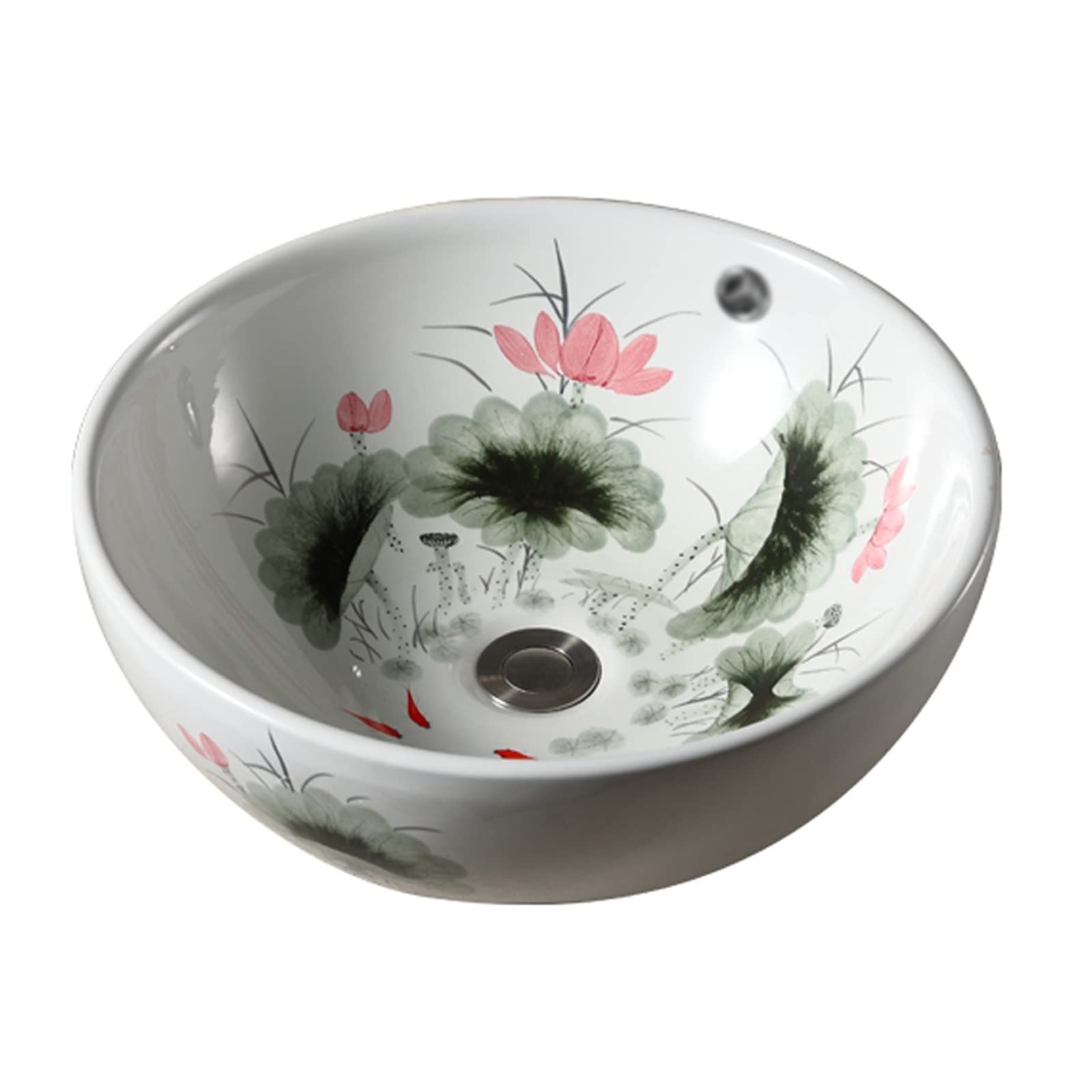 Gljtuo Black Bathroom Countertop Vessel Sink Round Lotus Pattern Porcelain Bathroom Sink With Overflow Hole, 16.9 Inch Overmount Vanity Ceramic Countertop Sink Art