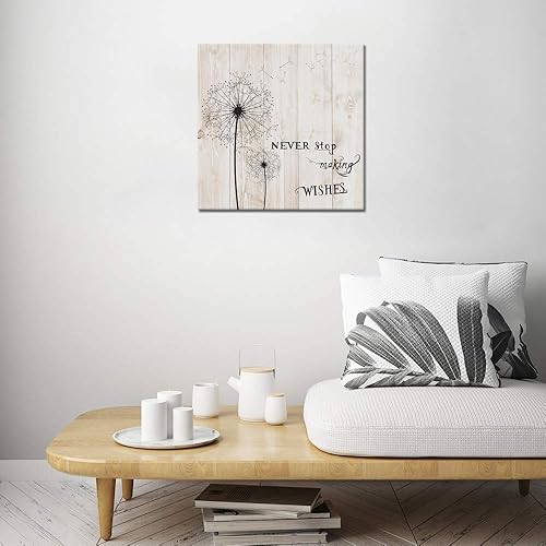 Miniatura 2 de Lienzo abstracto de flores para decoración de pared, diseño de diente de león negro con frase en inglés "Never Stosp Making Wishes", impresión de