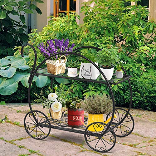 Giantex Garden Cart Metal Plant Stand With 4 Decorative Wheels, Succulent Collection Flower Pot Holder Display Shelf For Home Patio Garden Flower Shop, Parisian Style Plant Potted Rack (2-Tier) #TOP1