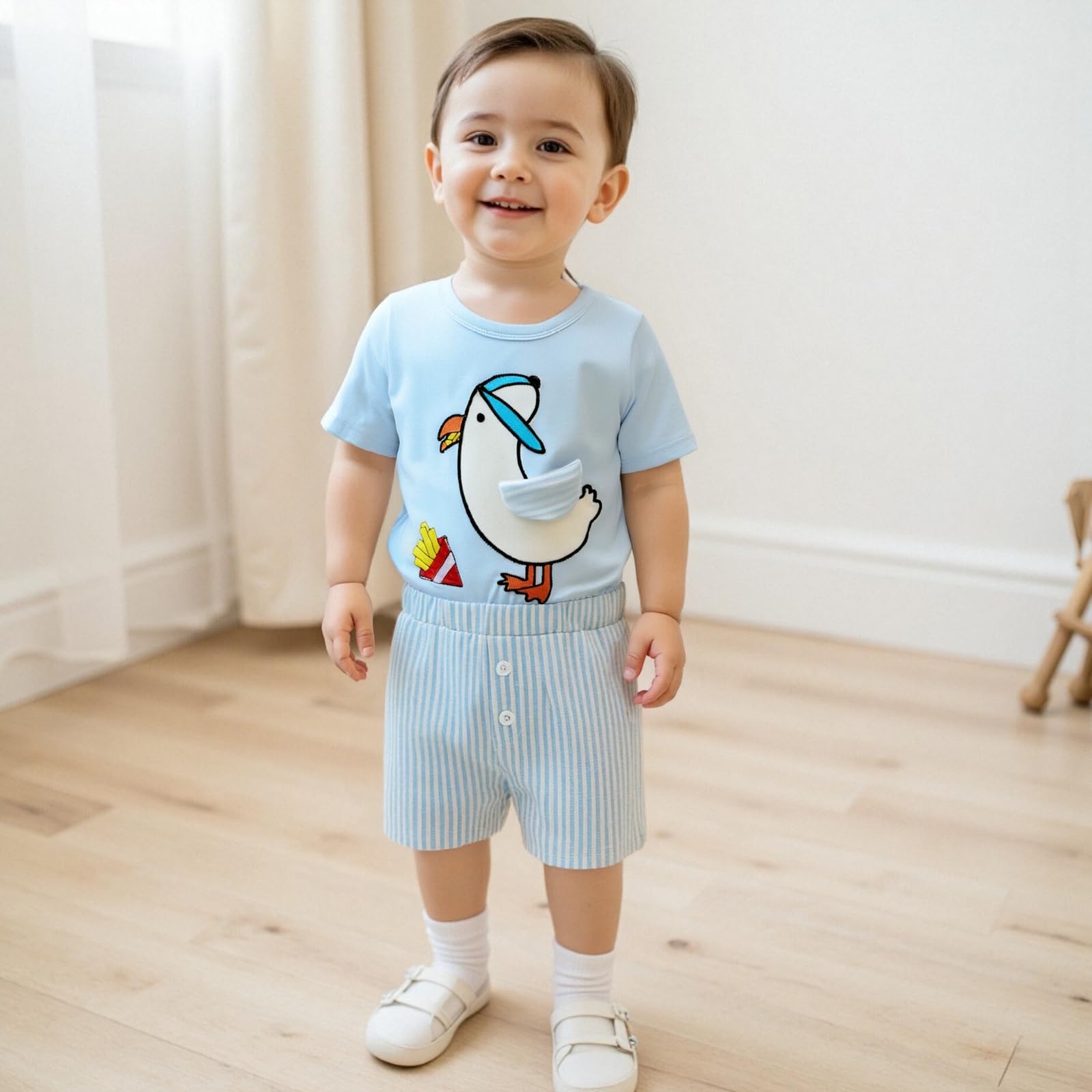 Finegoodwei Baby Boy Summer Outfit Cartoon Embroidery Short Sleeve Round Neck T-Shirt + Stripe Shorts 2Pcs Set (Sky Blue, 6-12 Months)