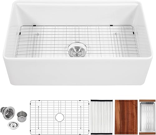 Miniatura 1 de Fregadero de cocina con estación de trabajo de 33 x 20 pulgadas, color blanco, de cerámica de porcelana refractaria, delantal frontal profundo para