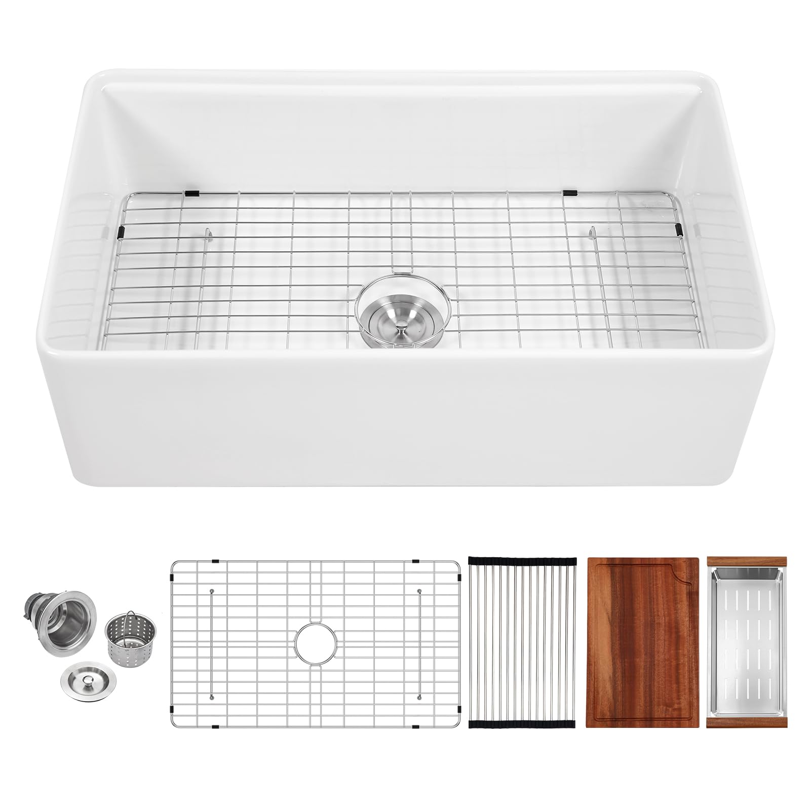 33 White Workstation Farmhouse Sink - Logmey Porcelain Kitchen Sink Fireclay Apron Front Deep Sink Ceramic Single Bowl Workstation Kitchen Sink 33x20x9 Inches
