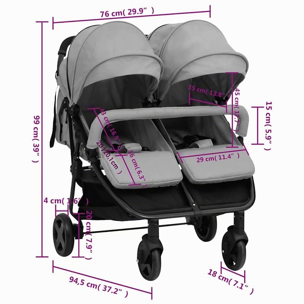 vidaXL Passeggino Gemellare Grigio Chiaro e Nero in Acciaio