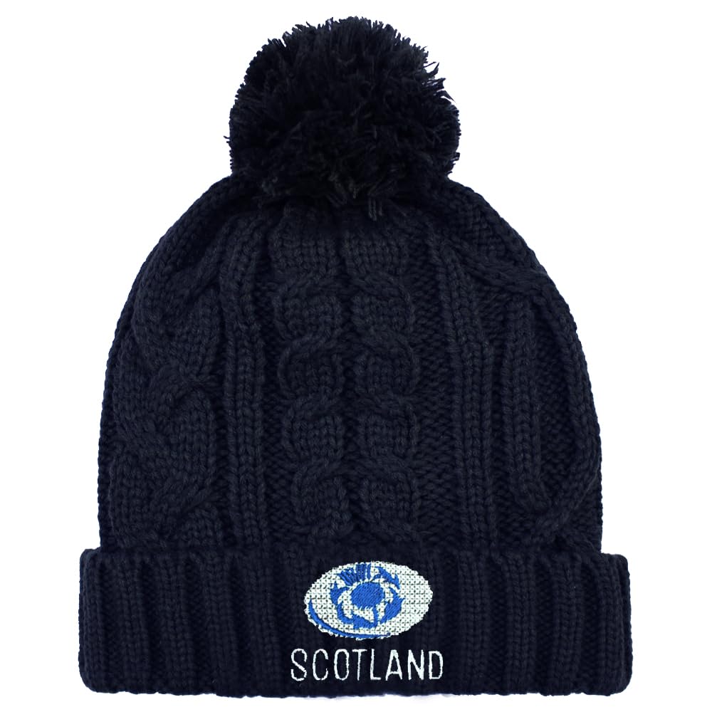 Teddyt's Men's Navy Blue Scotland Rugby Ball & Scottish Thistle Marl Knitted Bobble Hat