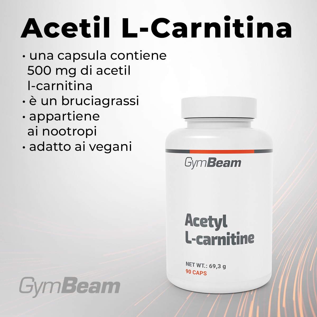 GymBeam Acetil L-Carnitina, 500mg, Bruciagrassi Nootropico, Adatto ai Vegani, Capsule Facilmente Assorbibili, Acetil Carnitina per l'Energia e il Trasporto di Acidi Grassi, Acetyl L Carnitina