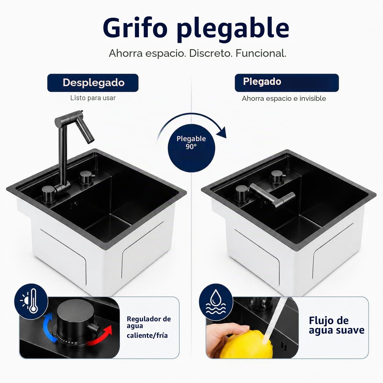 Fregadero de cocina para subplano, 39 x 43 x 23 cm, lavabo invisible que ahorra espacio con tapa, fregadero de acero inoxidable con grifo plegable, 1 bandeja empotrable, para bar, caravana