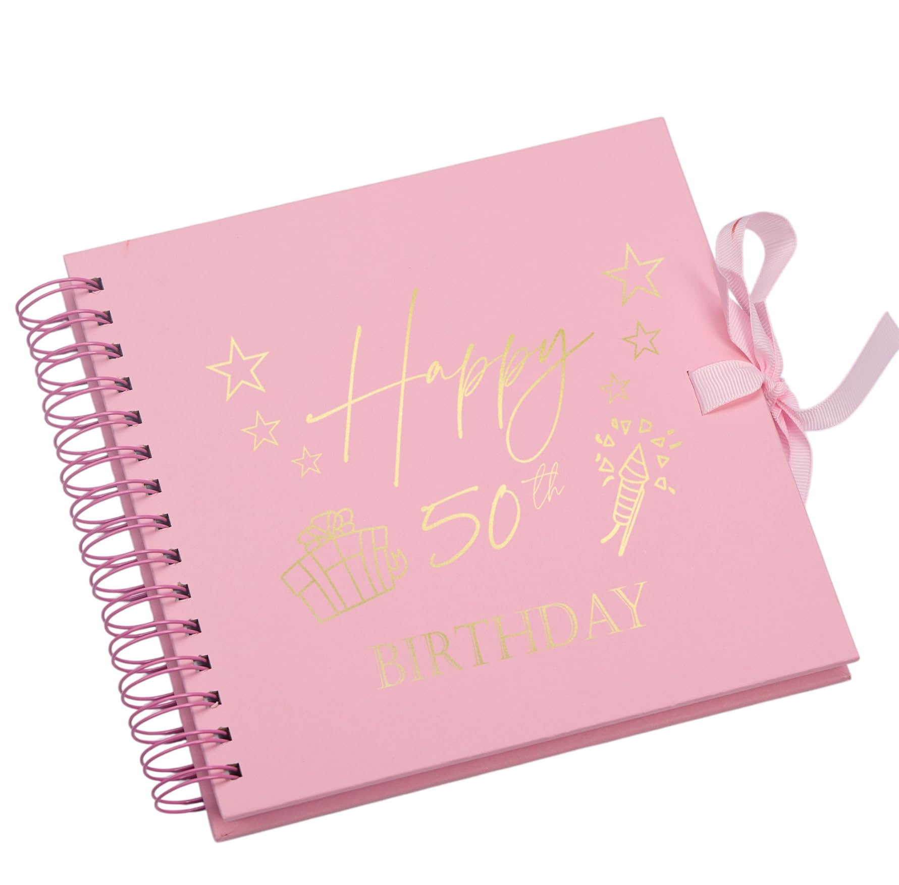 50th Birthday Memory Book, Present Design, Spiral Bound Scrapbook Album with Blank Pages Multiple Colours (Pink)