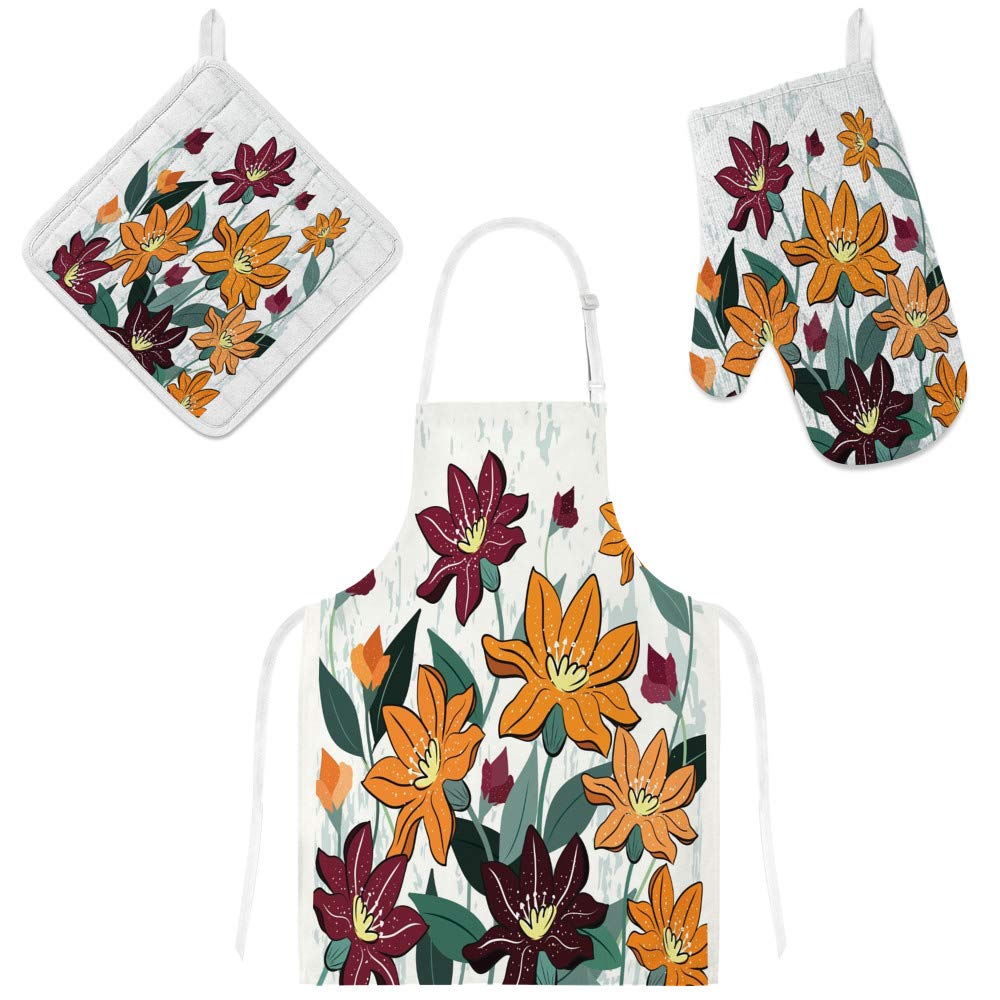 Tablier de cuisine 3 pièces fleurs oranges, idée cadeau surprise idéal