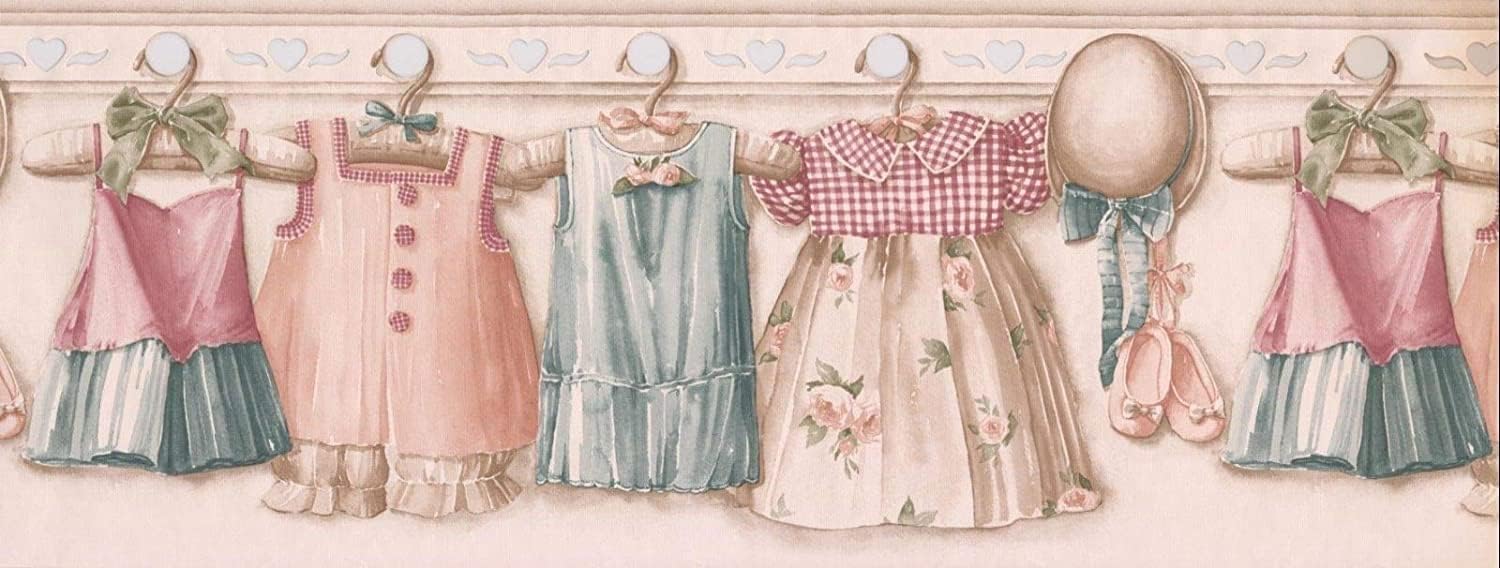 Concord WALLCOVERINGS ™ Wallpaper Border Clothes Dresses Shoes Hats for Bedroom Play Room Nursery Room, Cream Pink Blue, 15 ft by 9 in BK2141B