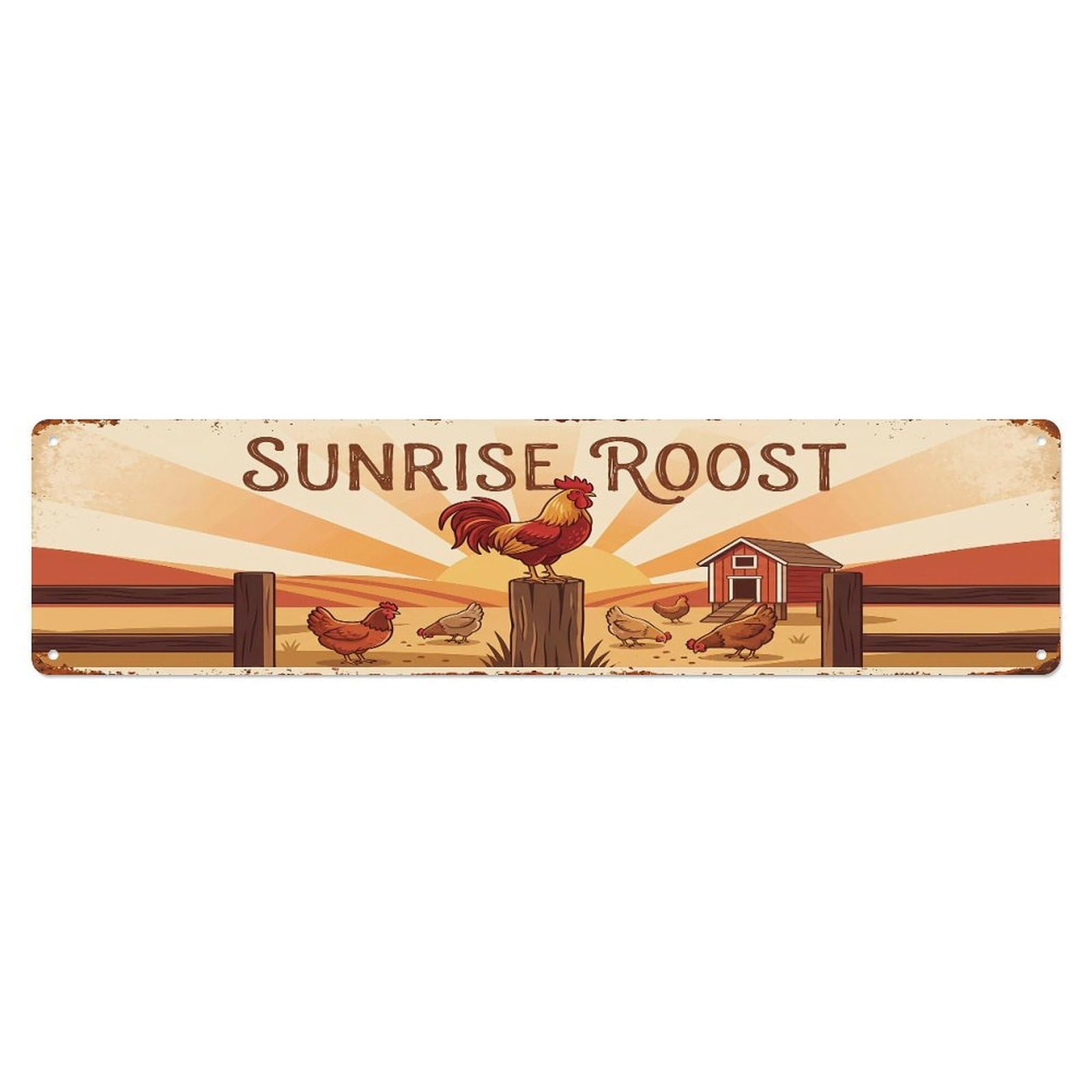 Vintage Rooster Farm Scene Sunrise Roost Metal Tin Sign