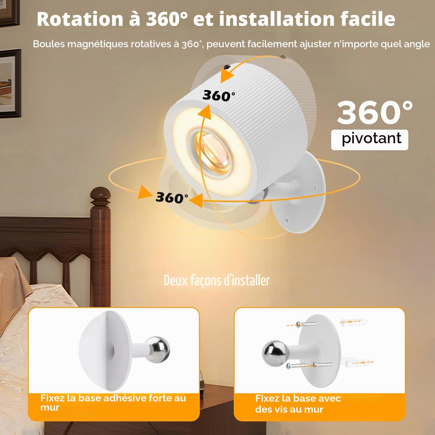 Applique Murale Interieur 4 Pièces, Lampe Murale LED avec de Contrôle Tactile, 3 Températures de Couleur et Luminosité Réglable, Appliques murales sans fil pour Chevet de Chambre En Lisant, Blanc