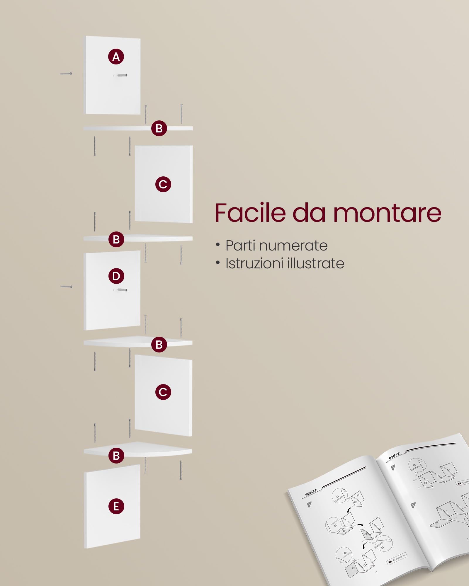 VASAGLE CUSTOS Collezione - Mensola Angolare, Set da 2, Mensola da Parete a 4 Livelli, Libreria con Design a Zigzag, Bianco Nuvola LBC704WB01