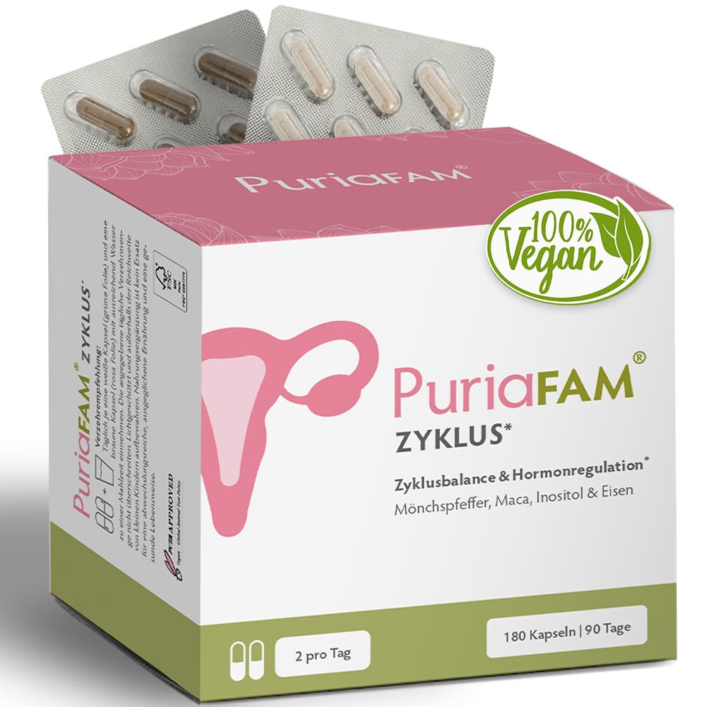 PuriaFAM® Zyklus - 180 Zyklus Tabletten - Maca, Mönchspfeffer, Shatavari, Inositol, Frauenmantel, Eisen - Vegane Hormon Balance