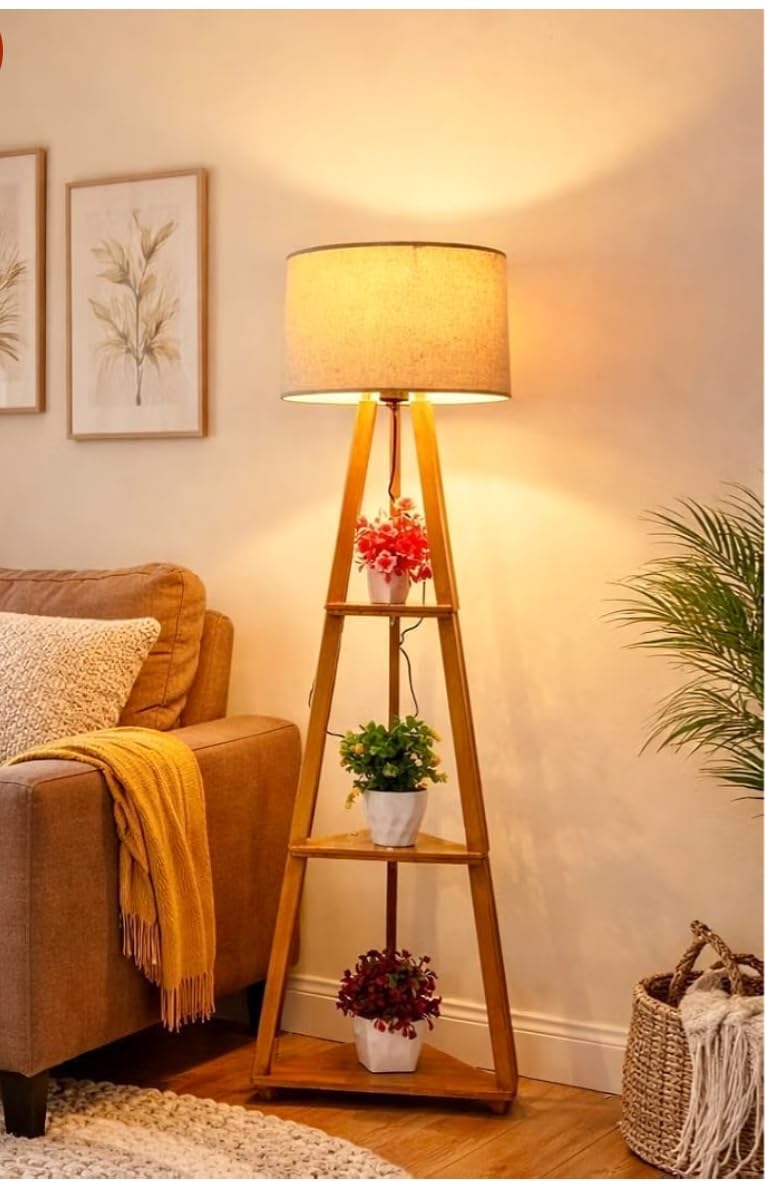 Wooden Tripod Floor Lamp with 3 Shelves, Modern Standing Lamp with Fabric Shade, Decorative Shelf Floor Lamp for Living Room, Bedroom & Home Décor..-picture-31