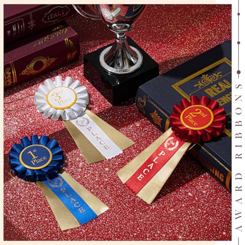 MTLEE 3 Pcs Award Ribbons 1st 2nd 3rd Place Ribbon Participation Ribbon Rosette Winner Prize Ribbons First Second Third Medal Ribbons for School Classroom Recognition, Blue, Red, White,6.5 x 3 Inch - Thumbnail 2