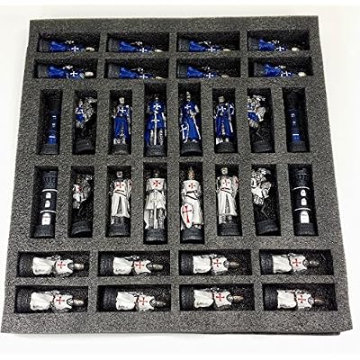 Medieval Times Crusades Warrior Chess Set Blue & White Maltese Cross with 16 1/2 Mosaic Color Board