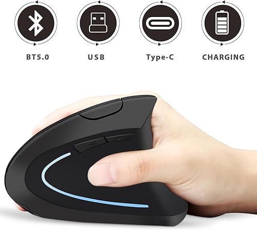 Miniatura 2 de Ratón ergonómico inalámbrico Bluetooth Vertical Mouse Conexión de tres modos BT5.0+USB A+USB C, recargable, ergonómico, 6 botones, 1600 DPI, 2.4G